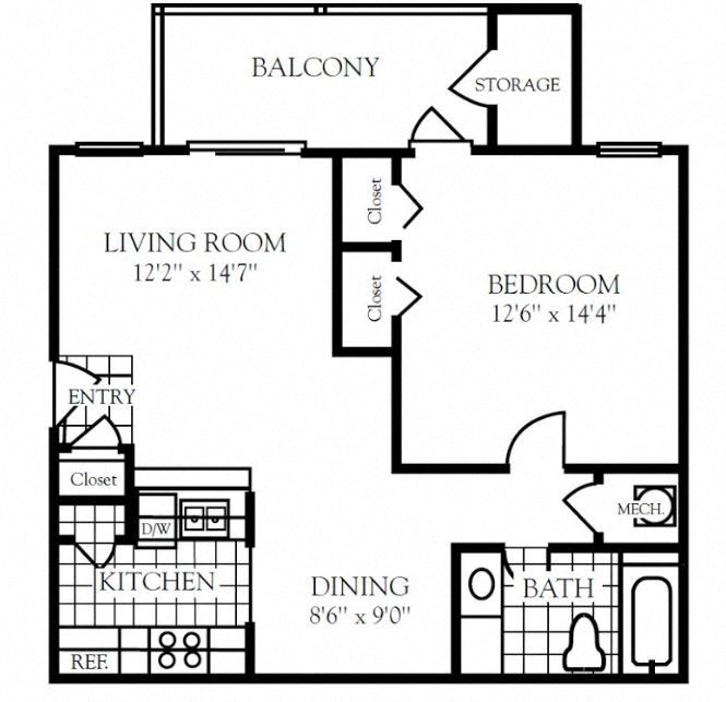 Floor plan for 1 bed, 1 bath, 672 sqft